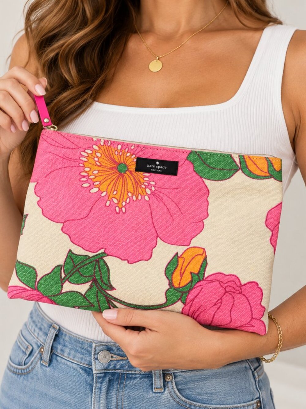 Kate Spade New York Floral Clutch Zip Pouch Pink Cream Canvas 10” x 7”